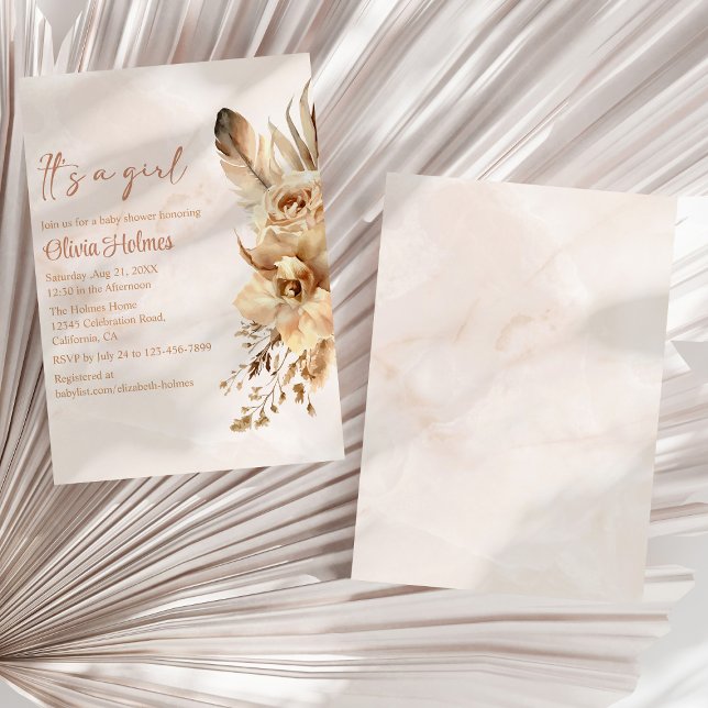 Bohemian Blush Pampas Grass Orchid Baby Shower Invitation (Bohemian Blush Pampas Grass Orchid Baby Shower Invitation on a sunny white dry palm leaf.)