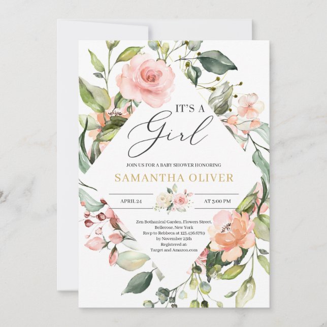 Bohemian blush pink floral boho it's a girl baby invitation (Front)