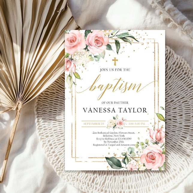 Bohemian blush pink floral gold glitter baptism invitation (Bohemian blush pink floral gold glitter baptism invitation)