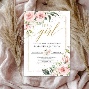 Bohemian blush pink floral gold it's a girl baby invitation