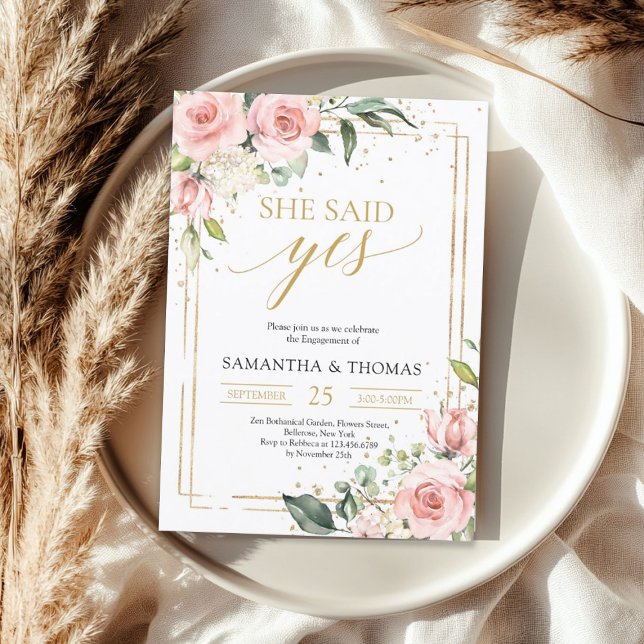 Bohemian blush pink floral gold she said yes invitation (Bohemian blush pink floral gold she said yes invitation)