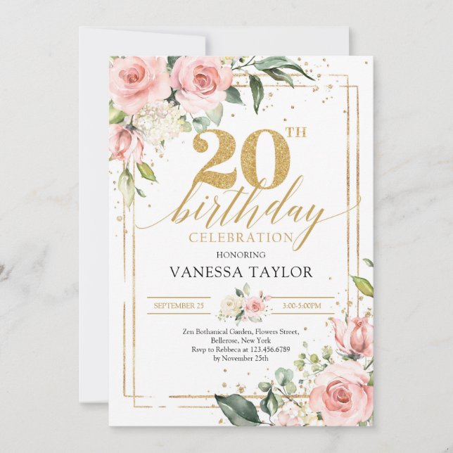 Bohemian blush pink floral green gold 20 birthday invitation (Front)