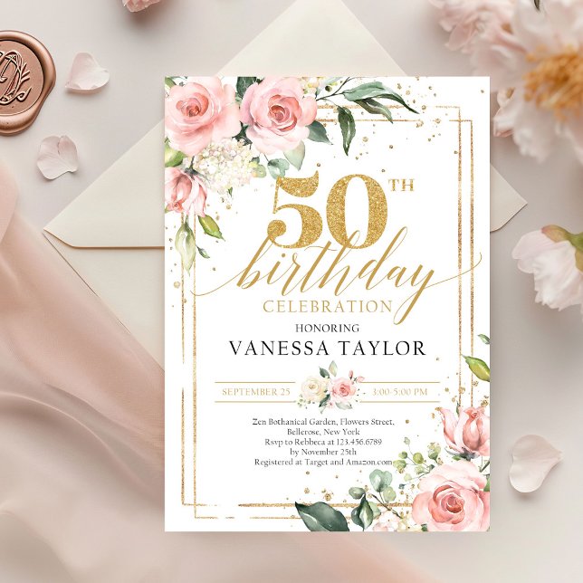 Bohemian blush pink floral greenery & gold 50th invitation (boho blush pink flowers roses mixed green eucalyptus on gold frame 50th birthday invitation)