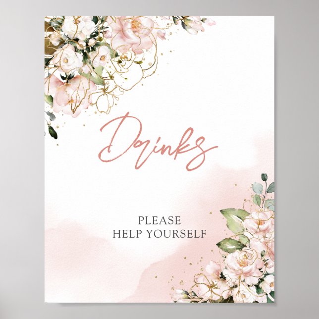 Bohemian blush pink gold floral boho drinks sign (Front)