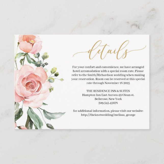 Bohemian blush pink peach floral gold details card (Front)
