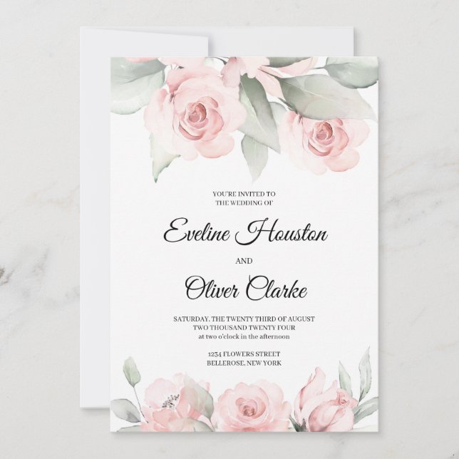 Bohemian blush pink roses and greenery boho weddin invitation (Front)