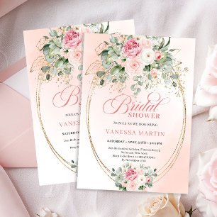 Bohemian Blush Roses Eucalyptus Gold Bridal Shower Invitation