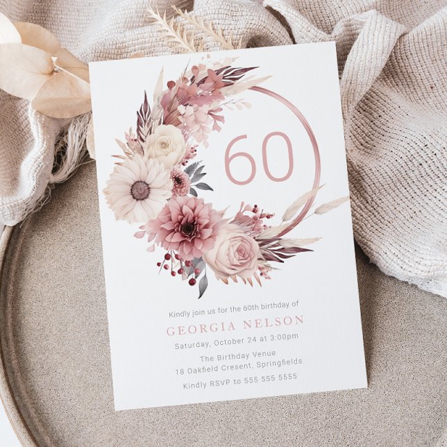Bohemian Blush Wreath 60th Birthday Party Invitation (Creator Uploaded)