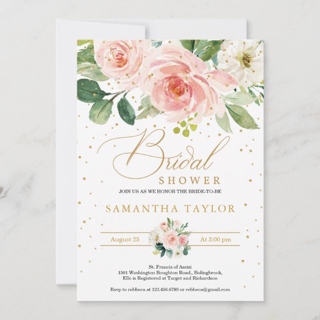 Bohemian boho blush pink floral and gold bridal invitation (Front)
