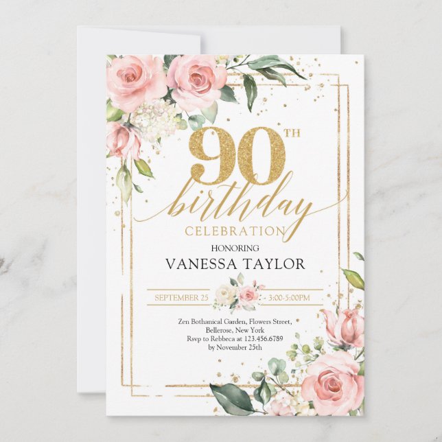 Bohemian boho blush pink floral gold 90th birthday invitation (Front)