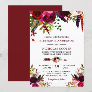 Bohemian boho bordo floral invitation