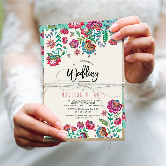 Bohemian Boho Chic Turquoise Folk Flowers Invitation (Bohemian Boho Turquoise Fiesta Folk Flowers Invitation)
