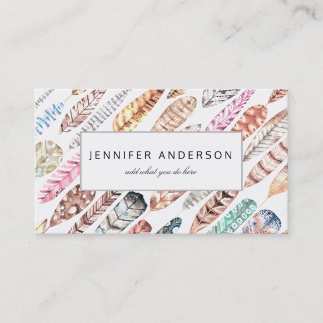 Bohemian Boho Colourful Watercolor Feathers Business Card (Front)