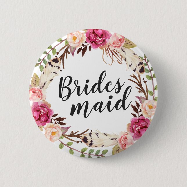 Bohemian Boho Floral Wreath Calligraphy Bridesmaid 6 Cm Round Badge (Front)