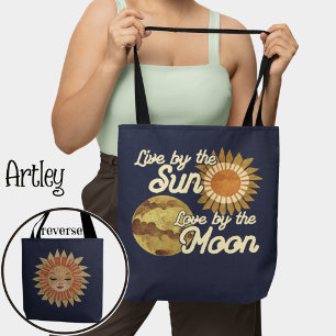 Bohemian Boho Folk Art Moon Sun Celestial Navy Tote Bag
