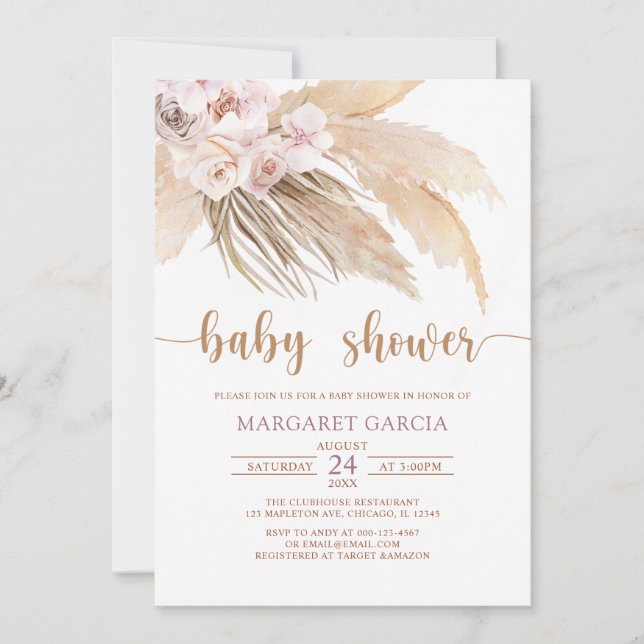Bohemian Boho Pampas Grass Baby Shower Invitation (Front)