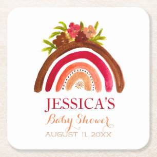 Bohemian Boho Rainbow Baby Shower Earthy Cute Square Paper Coaster