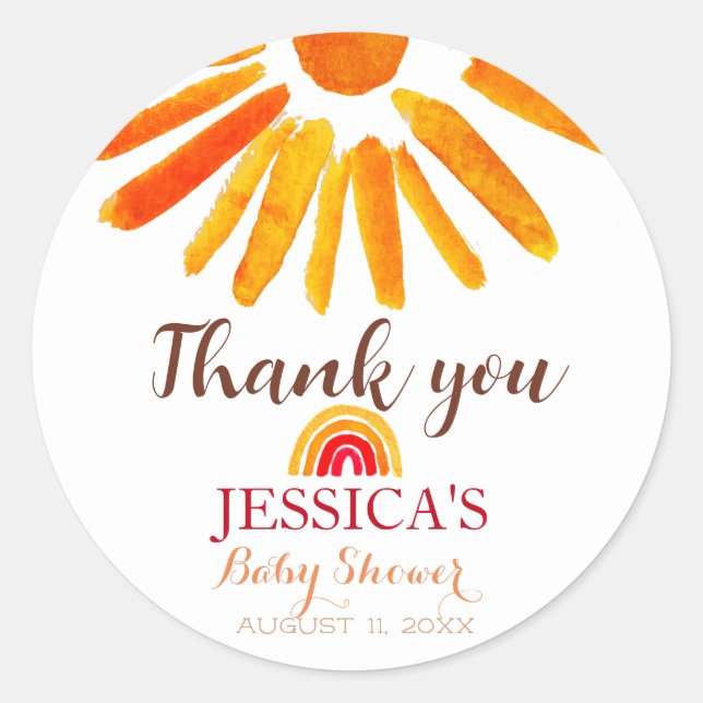 Bohemian Boho Rainbow Sun Baby Shower Orange Cute Classic Round Sticker (Front)
