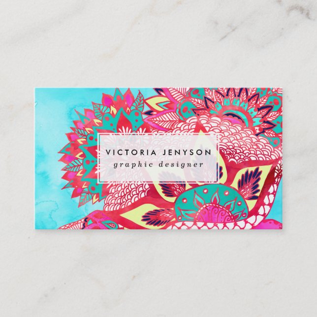 Bohemian boho red blue floral paisley pattern business card (Front)