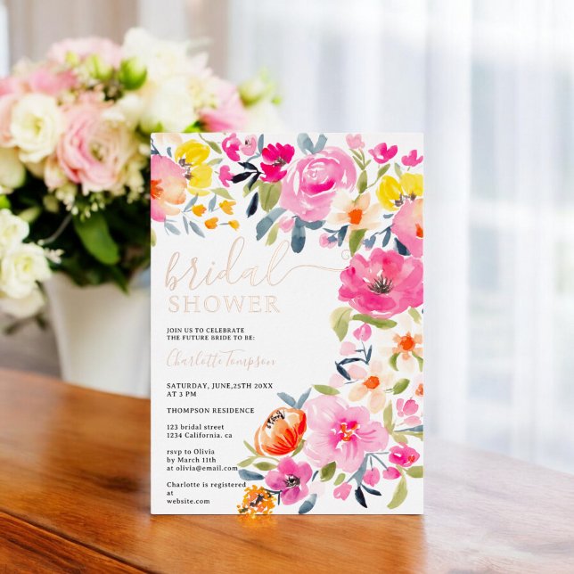 Bohemian bold floral watercolor bridal shower (Bohemian bold floral watercolor bridal shower foil invitation)