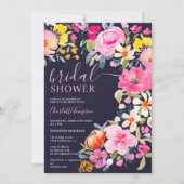 Bohemian bold floral watercolor navy bridal shower invitation (Front)