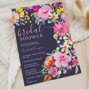 Bohemian bold floral watercolor navy bridal shower invitation