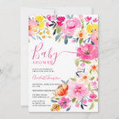 Bohemian bold floral watercolor pink baby shower invitation (Front)