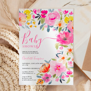 Bohemian bold floral watercolor pink baby shower invitation