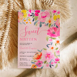 Bohemian bold floral watercolor pink Sweet 16 Invitation<br><div class="desc">Bohemian bold floral watercolor Sweet 16 birthday invitation featuring hand painted bright blooms pink,  orange,  yellow flowers and greenery eucalyptus leaves and indigo foliage with a modern script brush font on pastel blush pink. Perfect bridal invite for Spring and summer,  for garden party theme and outdoors.</div>