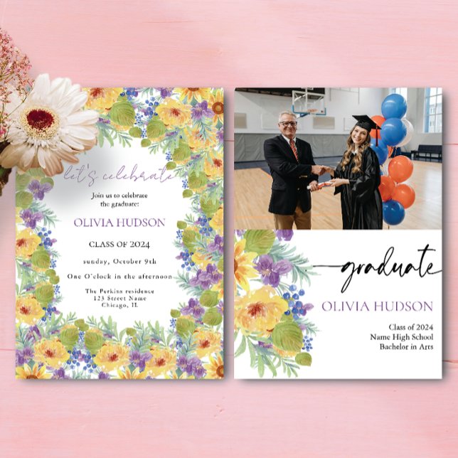 Bohemian bold wildflowers photos chic graduation invitation (Creator Uploaded)