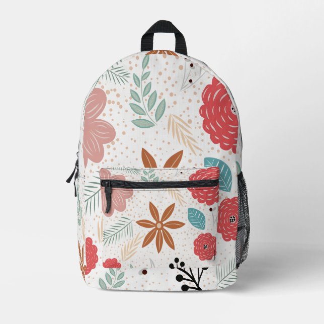 Bohemian Botanical Floral and Dotted Pattern  Printed Backpack (Front)