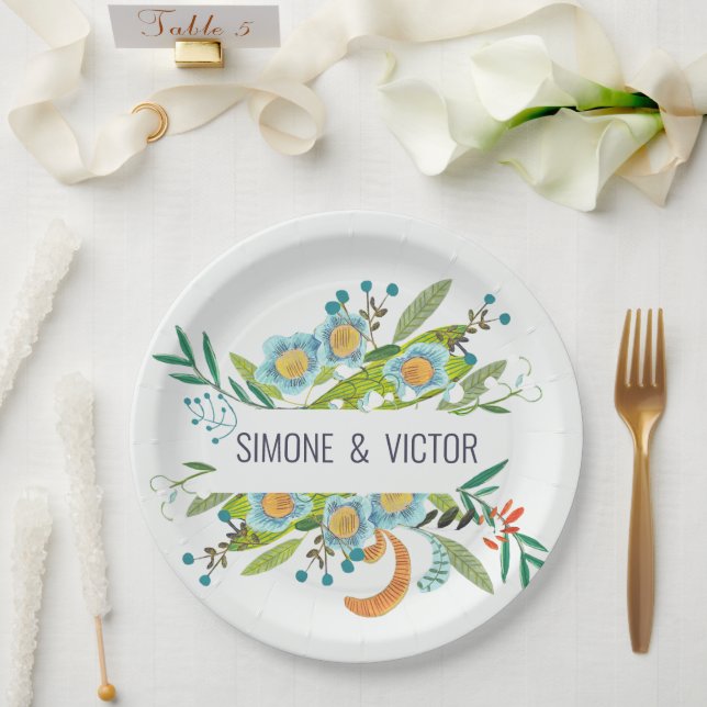 Bohemian Botanical Green & blue Floral  Paper Plate (Wedding)