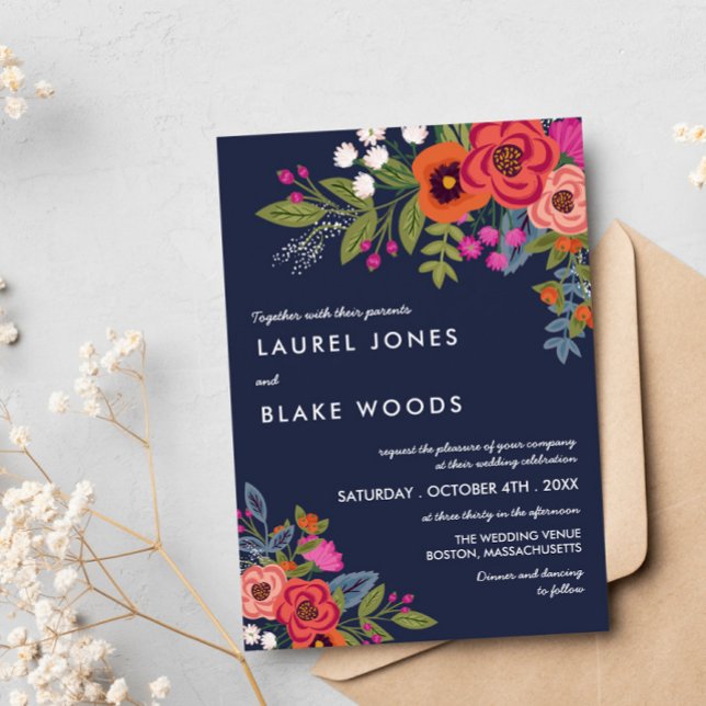 Bohemian Bouquet - Navy Blue & Coral Wedding Invitation (Creator Uploaded)