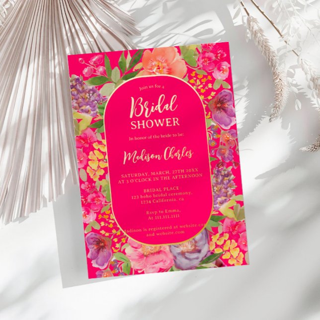Bohemian bright floral arch script bridal shower (Bohemian bright floral arch script bridal shower foil invitation)