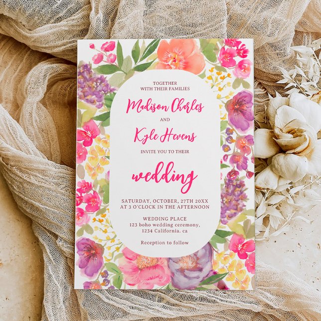 Bohemian bright floral arch script chic wedding invitation (Bohemian bright floral arch script chic wedding invitation)