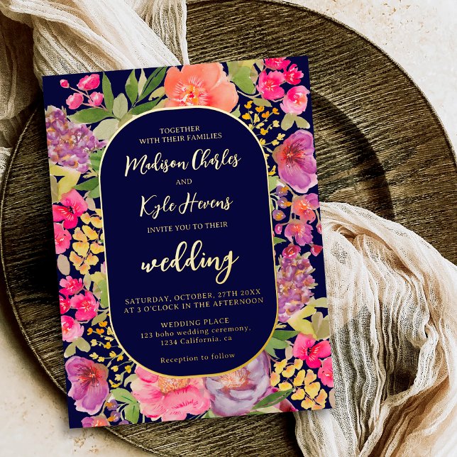 Bohemian bright floral arch script navy wedding (Bohemian bright floral arch script navy wedding foil invitation)
