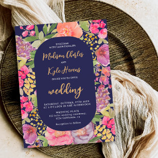 Bohemian bright floral arch script navy wedding invitation