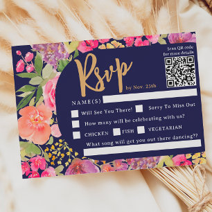 Bohemian bright floral arch script navy wedding RSVP card