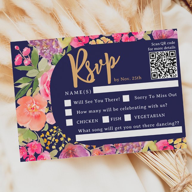 Bohemian bright floral arch script navy wedding RSVP card (Bohemian bright floral arch script navy wedding RSVP card)