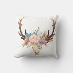 bohemian, bull skull, antler, boho floral cushion