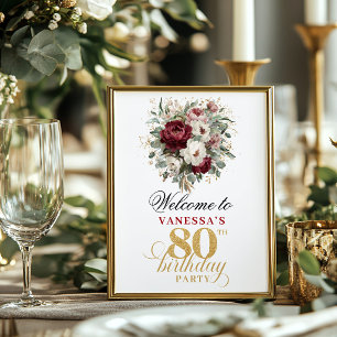 Bohemian Burgundy Blush 80th Birthday Sign