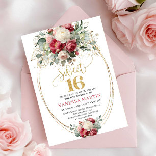 Bohemian Burgundy Blush Floral Gold Sweet Sixteen Invitation