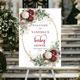 Bohemian Burgundy Deep Red Baby Shower Welcome Poster