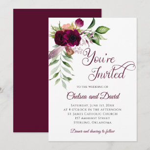 Bohemian Burgundy Feather Wedding Announcement