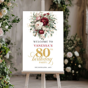 Bohemian Burgundy Floral 80 Birthday Welcome Sign