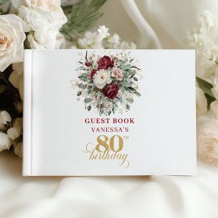 Bohemian Burgundy Floral 80th Birthday Guest Book