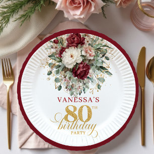 Bohemian Burgundy Floral 80th Birthday Paper Plate