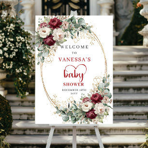 Bohemian Burgundy Floral Baby Shower Welcome Poster