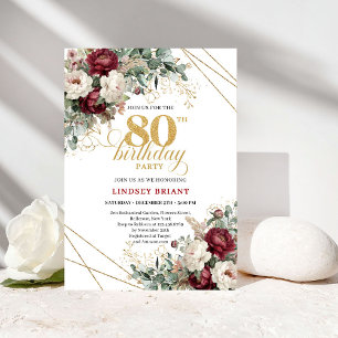 Bohemian Burgundy Floral Gold 80th Birthday Invitation