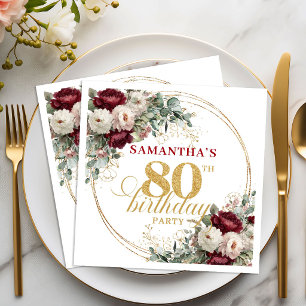 Bohemian Burgundy Floral Gold 80th Birthday Napkin